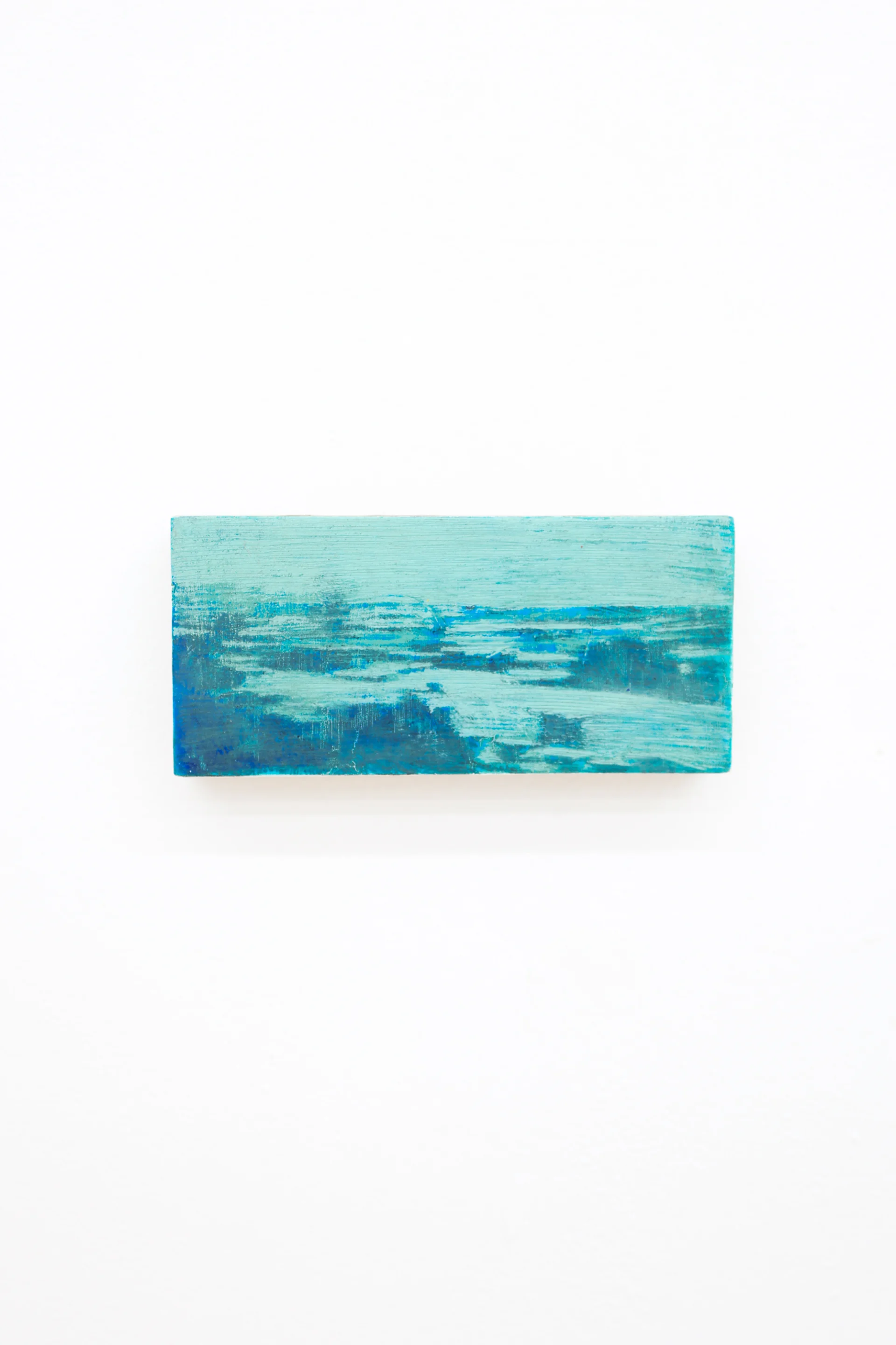 Mtatsminda Turn 9. Abstract oil on an oak block, a turquoise haze over a band of blue and teal marks suggesting a distant shoreline.