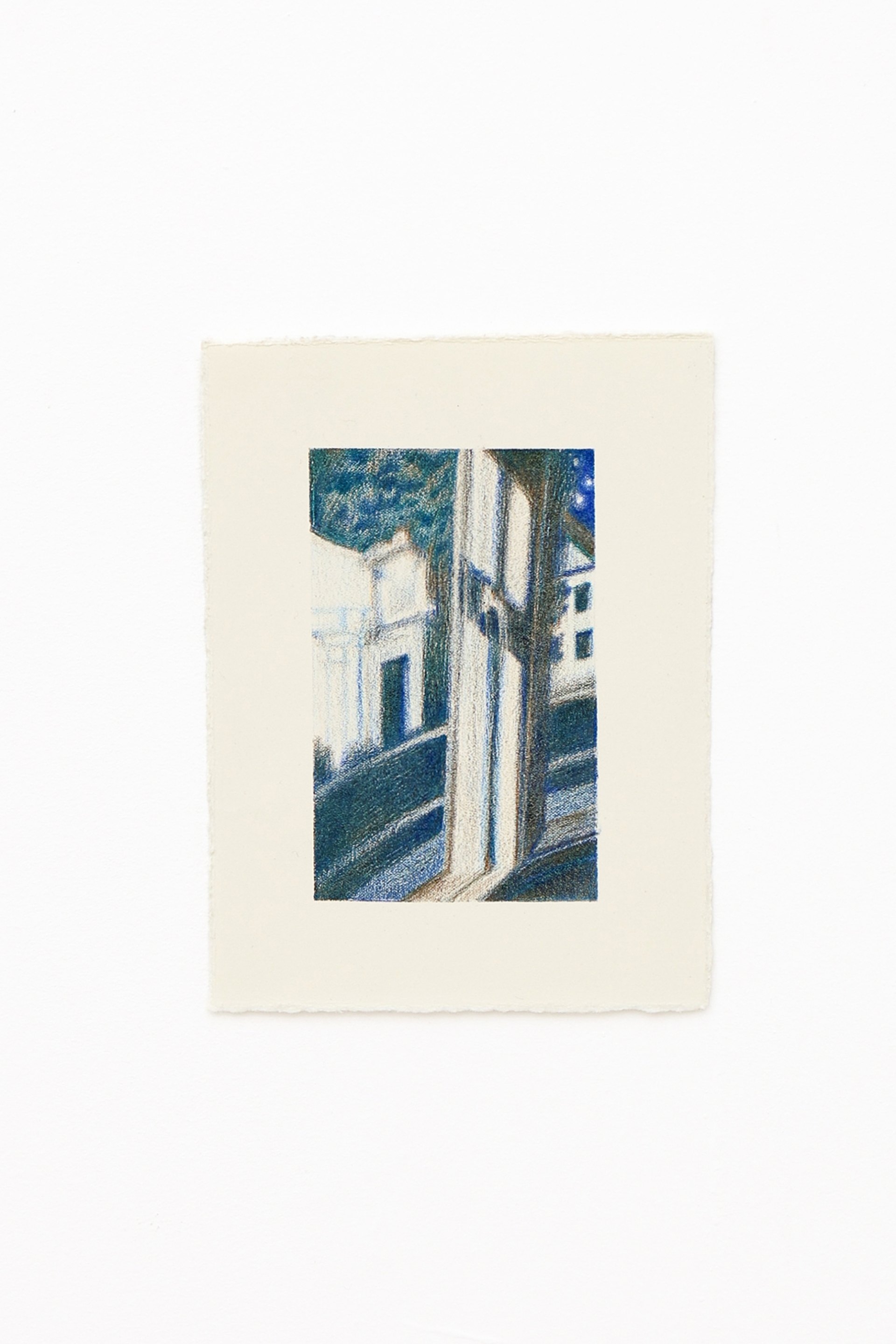 Mtatsminda Turn (Study). Night street in blue and green, a white building corner and trees beneath a deep, star-flecked sky.