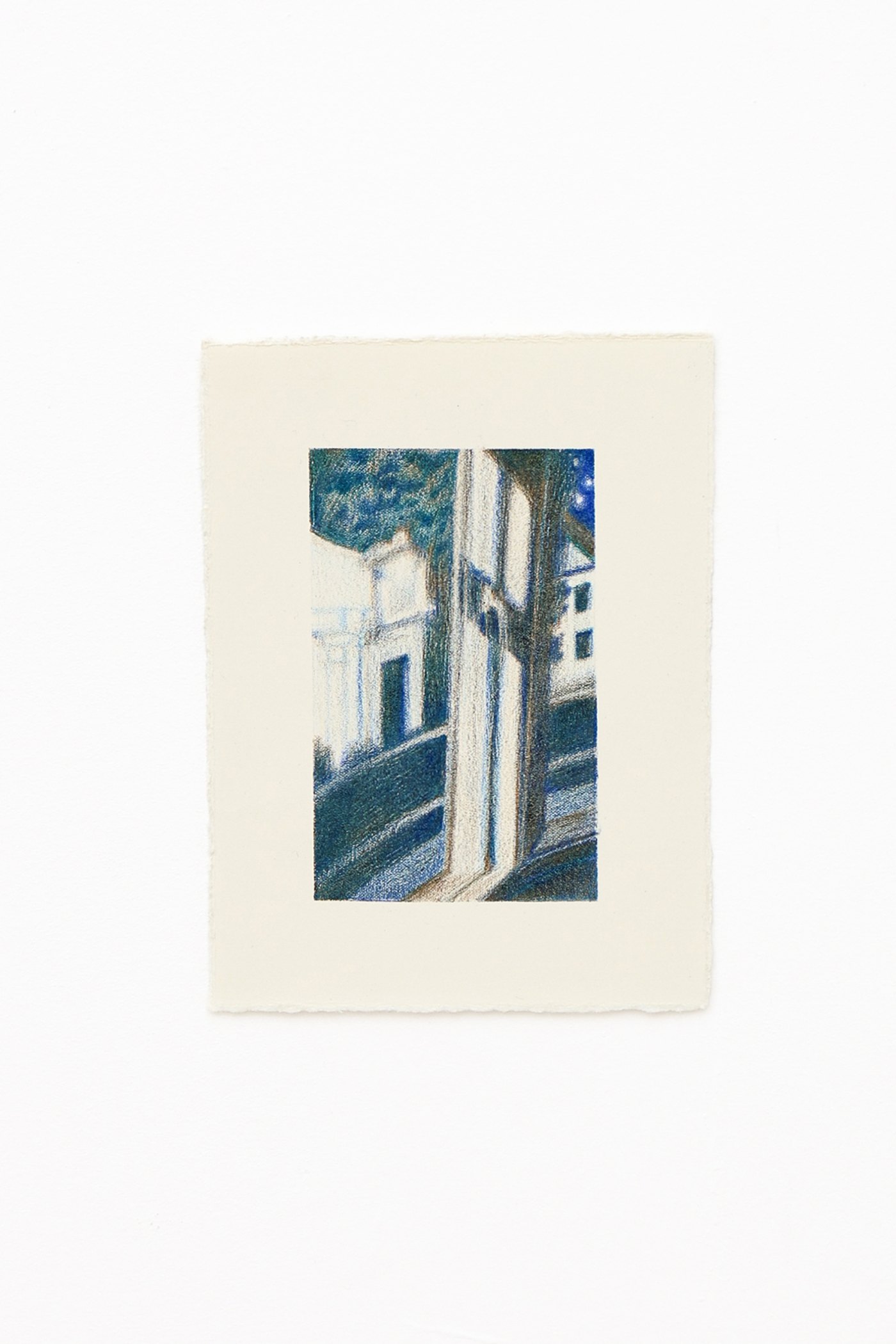 Mtatsminda Turn (Study). Vertical nocturnal street scene on cream paper, a pale house and trees under a starry blue sky.