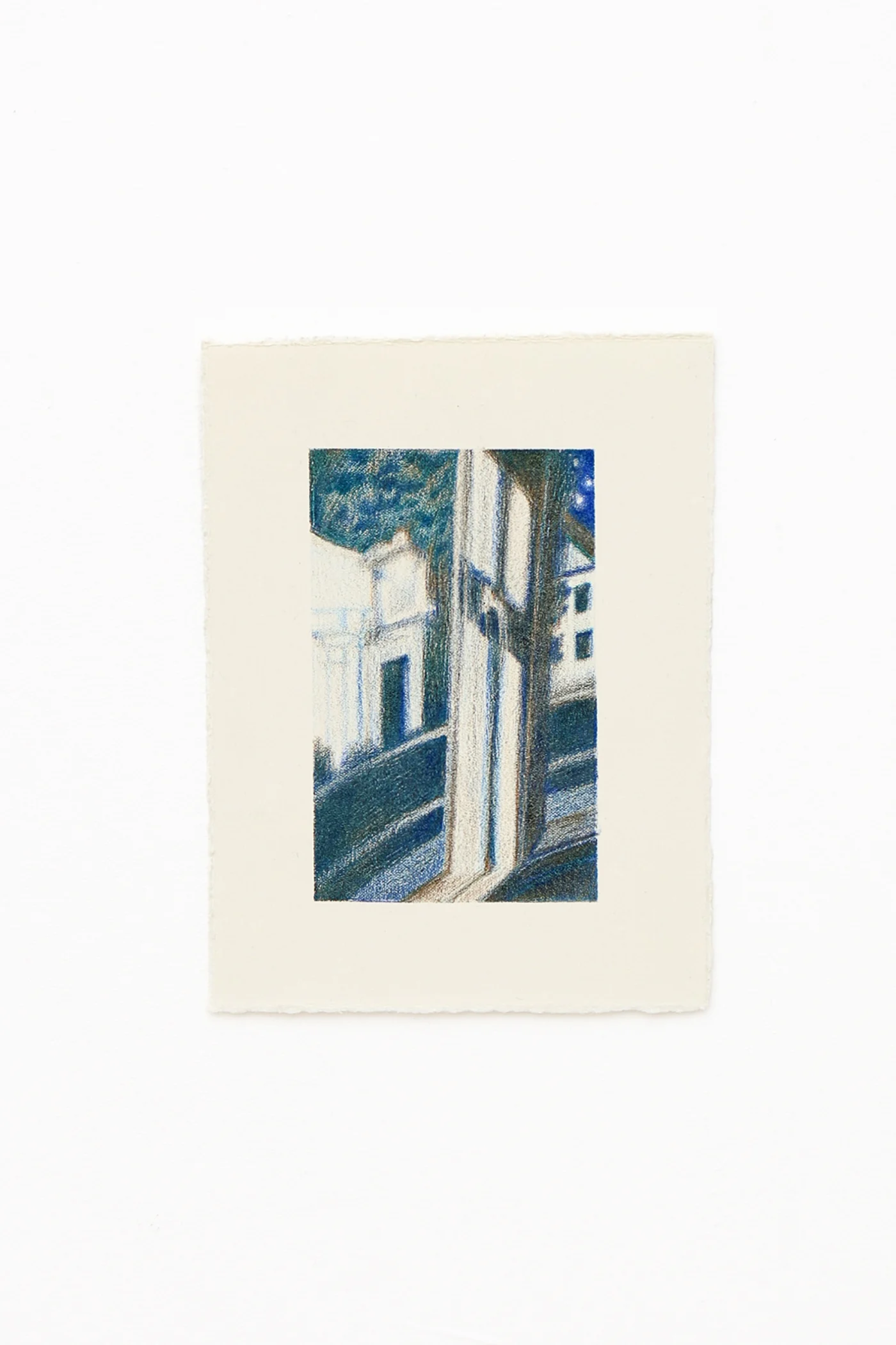 Mtatsminda Turn (Study). Vertical nocturnal street scene on cream paper, a pale house and trees under a starry blue sky.